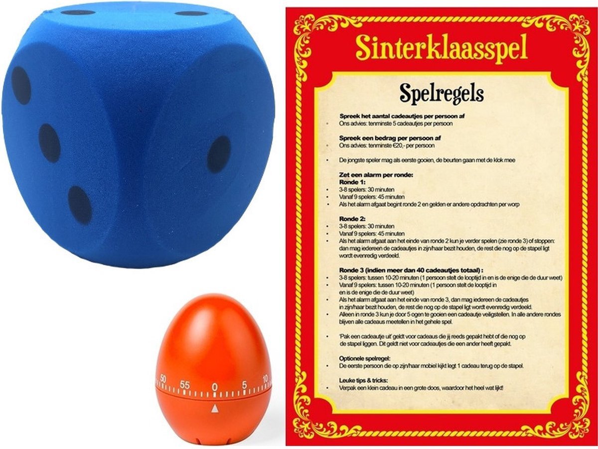 Bella Sinterklaas spel met blauwe dobbelsteen en timer/wekker/alarm - Pakjesavond Sinterklaasspel dobbelstenen set