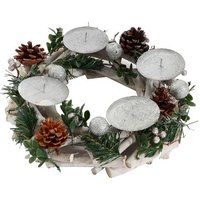 HWC Adventskrans HWC-M12, adventsarrangement tafelkrans kerstdecoratie tafeldecoratie hout zilver wit Ø 30cm ~ zonder kaarsen