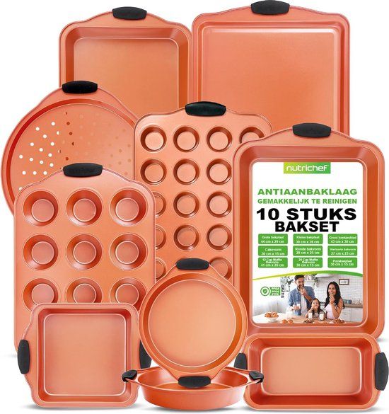 NutriChef Bakvormen Set - 10-delige Antiaanbak Bakvormen van Koolstofstaal - Inclusief Bakplaten, Muffin/Taartvormen, Pizzapan, Braadpannen - Siliconen Handgrepen - Koper