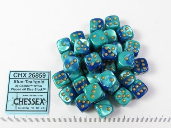 Chessex dobbelstenen set, 36 st. 6-zijdig 12mm, Gemini Blue-Teal w/gold