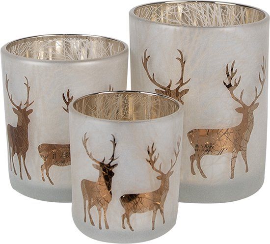 Clayre & Eef Theelichthouder Set van 3 Wit Goudkleurig Glas Waxinelichthouder