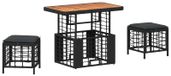 Table de salle à manger de jardin en poly rotin et bois d'acacia noir et gris 3 pièces