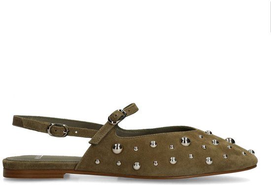 Manfield - Dames - Groene suède slingbacks met zilveren studs - Maat 37