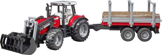Bruder Massey Ferguson 7480 Tractor + Voorlader + Houttransportaanhanger + 3 Boomstammen