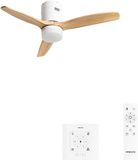 Create - Plafondventilator 40W silent 100% hout (Ø132cm) (ruimtes 10m²-25m²) - Wit / Licht hout - Met licht - Controller voor wandmontage + afstandsbediening - WIND CALM NATURAL WOOD