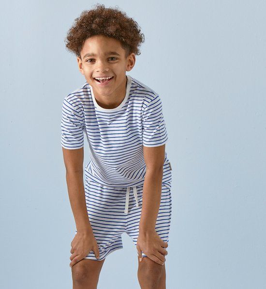 Little Label Pyjama Jongens Maat 170-176 - wit, blauw - Zachte BIO Katoen - Shortama - 2-delige zomer pyama jongens - Gestreept