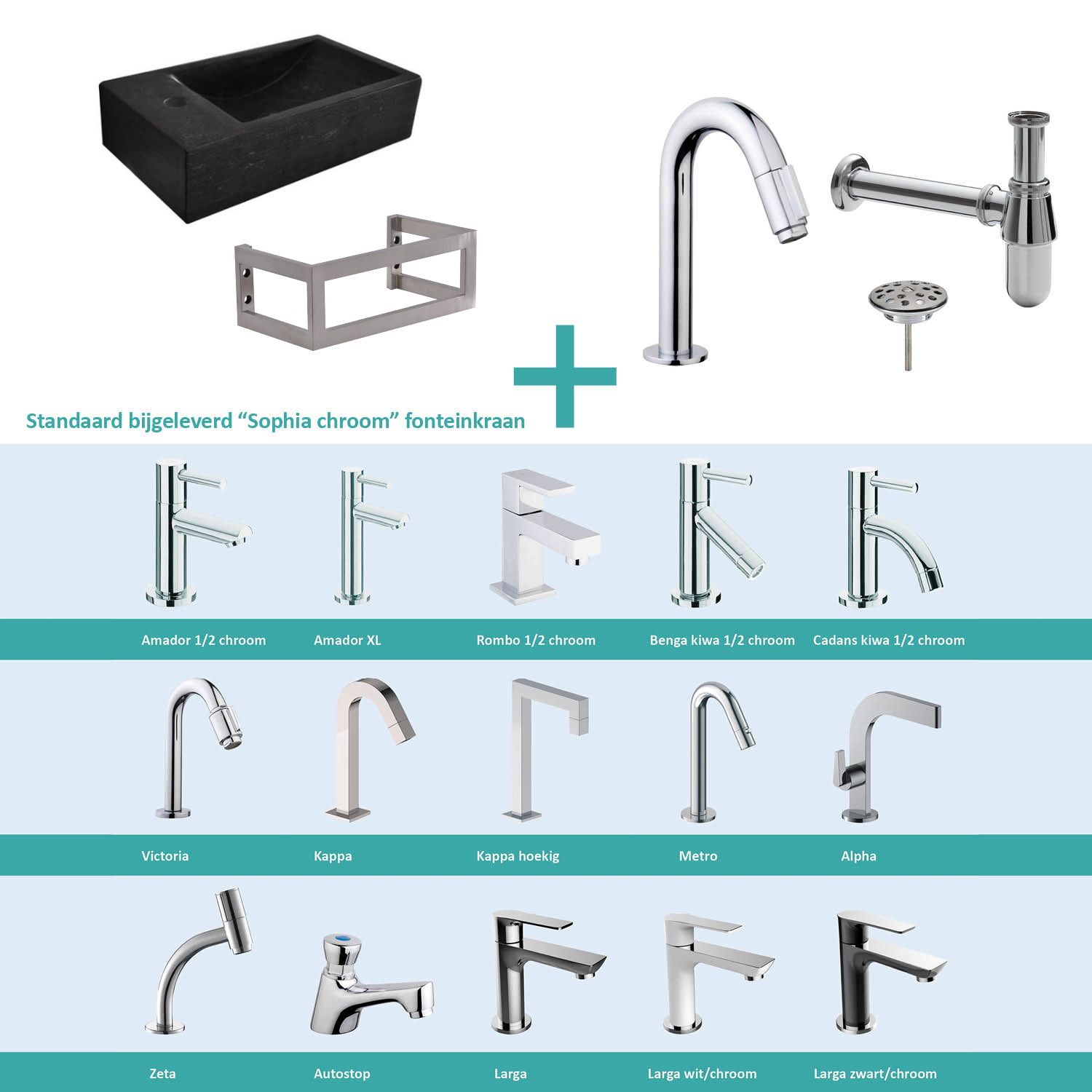 FonteinPack Recto Natuursteen Links 40x22x10 cm Chroom - Incl. Montageframe & Kraan Optie
