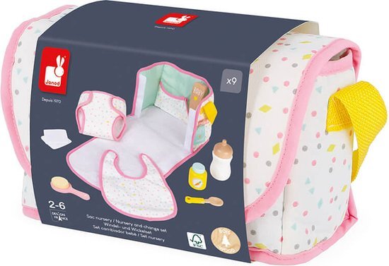 Janod Nursery Luiertas met 8 houten accessoires voor poppen, 36 tot 42 cm, imitatie speelgoed, fantasie, FSC-gecertificeerd vanaf 2 jaar