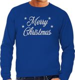 Bellatio Decorations Kersttrui voor heren - sweater - Merry Christmas - blauw - met zilveren glitter letters - kerstdiner kleding XXL