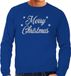 Bellatio Decorations Kersttrui voor heren - sweater - Merry Christmas - blauw - met zilveren glitter letters - kerstdiner kleding XXL