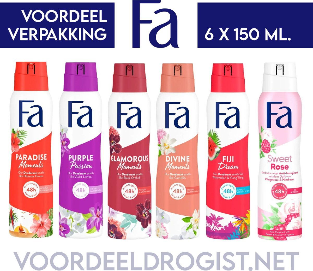 Fa Deodorant 6 x 150 ml - Voordeelverpakking - Try Out Pakket - Paradise Moments, Purple Passion, Glamorous Moments, Divine, Fiji & Sweet Rose