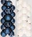 Decoris Kerstversiering 32x stuks kunststof kerstballen mix van donkerblauw en parelmoer wit 4 cm
