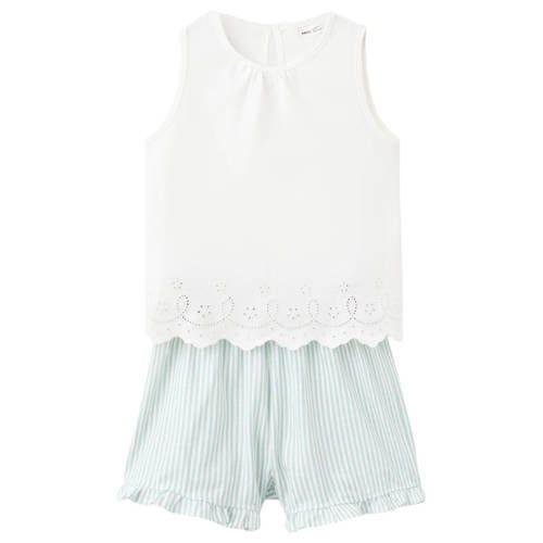 Mango Kids katoenen gestreepte shortama met ruches - wit/groen
