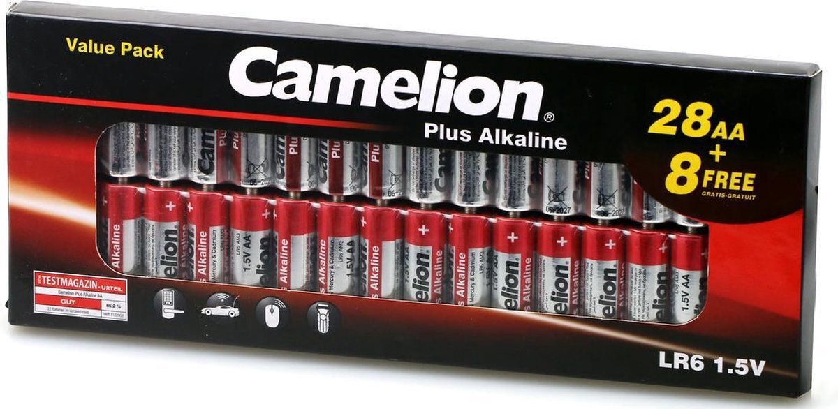 Camelion Mignon LR6-alkalinebatterijen, 36 stuks, 1,5 V, krachtige wegwerpbatterijen voor elektronische alledaagse apparaten, ter waarborging van een optimale energievoorziening