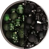 Bellatio Decorations Kerstballen mix - 74-delig - donkergroen en zwart - 6 cm - kunststof