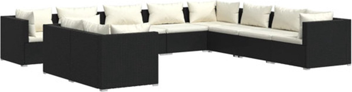 vidaXL 10-delige Loungeset met kussens poly rattan zwart