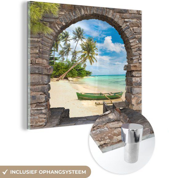 MuchoWow® Glass Painting 90x90 cm - Acrylic Glass Painting - Beach - Palm - View Through - Sea - Canoe - Photo on Glass - Paintings