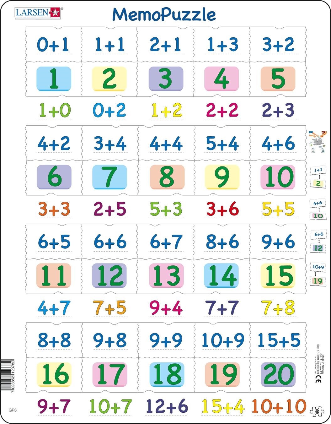 Larsen Maxi Memopuzzel Optellen met cijfers van 0-20 40 stukjes