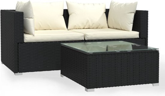 vidaXL 3-delige Loungeset met kussens poly rattan zwart