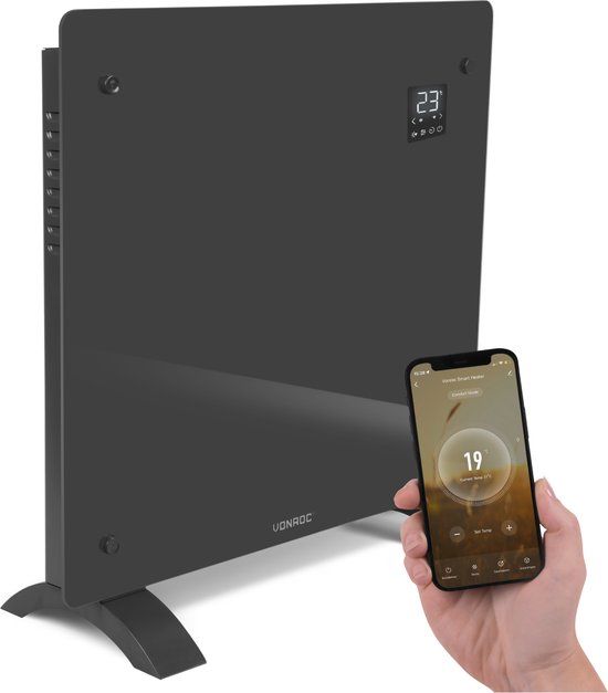 VONROC Luxe elektrische kachel - Convectorkachel met glazen paneel – 1000W - Verwarmt ruimtes tot 12m2 - Bediening met app en handmatig - Grijs