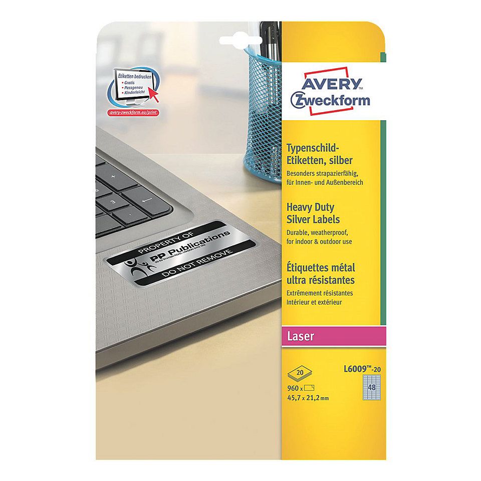 Avery Ultra-sterke etiketten L6009-20 - zilver - 45,7 x 21,2 mm - permanent klevend