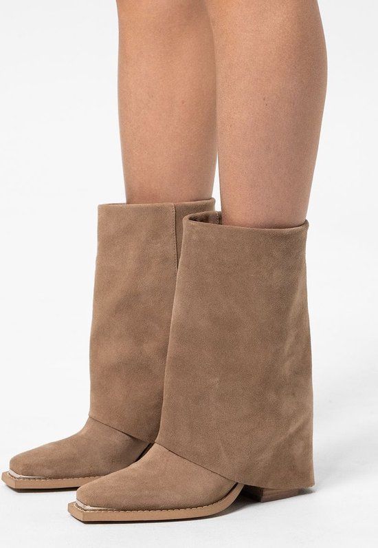Sacha Dames Beige Suède Western Enkellaarsjes met Flap Maat 38