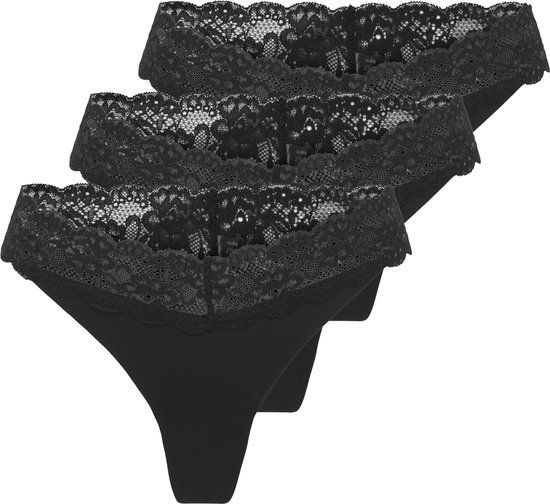 Only ONLCHLOE Lace Short Sleeve Thong 3-Pack Dames Panty - zwart - S