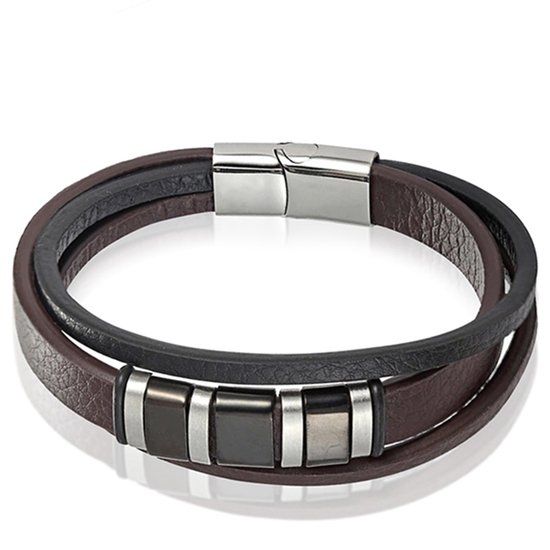 Mendes heren armband Multi Leer Edelstaal Bruin Zwart-22.5cm