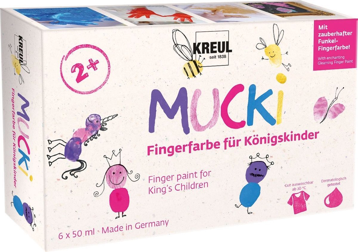 Kreul Vingerverf - Koningskleuren - Wit, Roze, Lichtroze, Violet, Blauw, Goud - - Mucki - 6x50ml