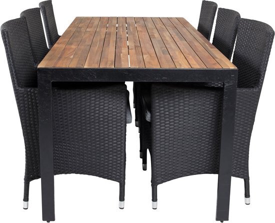 Hioshop Bois tuinmeubelset tafel 90x205cm en 6 stoel Malin zwart, naturel.