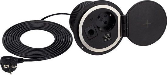 Design Light Sambobox Stekkerdoos met USB A & C - Stekkerblok met Quickcharge en draadloze Qi snellader - Zwart