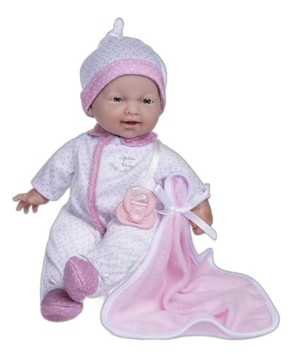JC Toys - La Babypop 28 cm - Zacht en wasbaar lichaam - Deken en fopspeen - Wit en roze stippen - 12 maanden