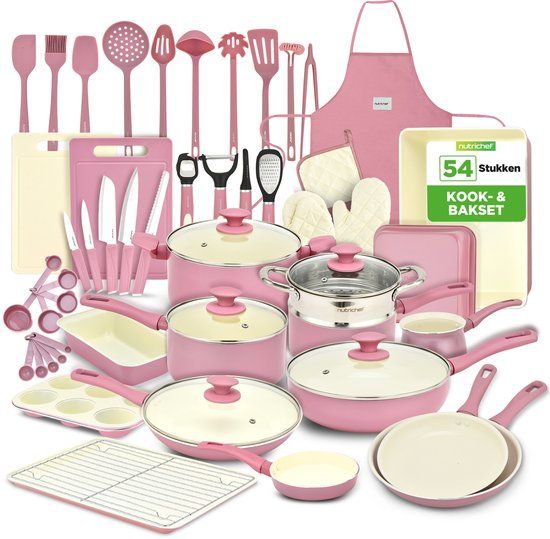 NutriChef 54-Delige Marmeren Kook- en Bakset - Roze - 54 stuks