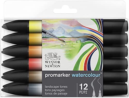 Winsor & Newton 0290167? ProMarker Aquarelmarker - 2 punten, penseel- en fijne punt, lichtecht, sterk gepigmenteerde aquarelkleuren voor kalligrafie, tekeningen, 12 kleuren set landschapskleuren