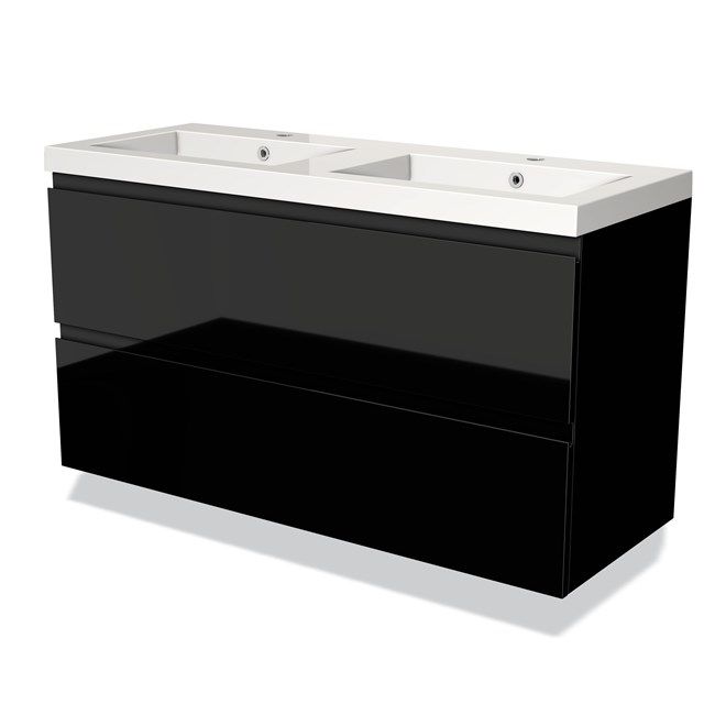 Maxaro Badkamermeubel 120cm Modulo Hoogglans Zwart 2 lades Greeploos Wastafel Mineraalmarmer