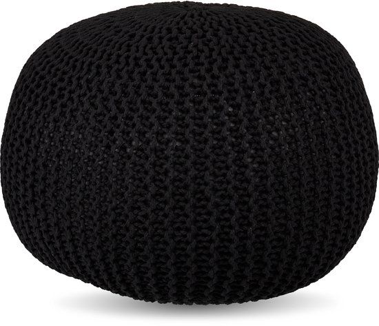 Merkloos Relaxdays Gebreide Poef - Zwart - ⌀ 46 cm