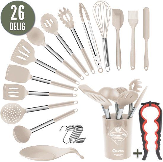 COOCK Siliconen Keukengerei Set met Houder XL - 26 delig - Beige