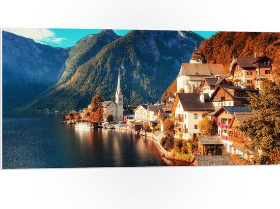 Merkloos / Sans marque PVC Schuimplaat - Dorpje in de Bergen aan het Water - 100x50 cm - Forex - Klassiek