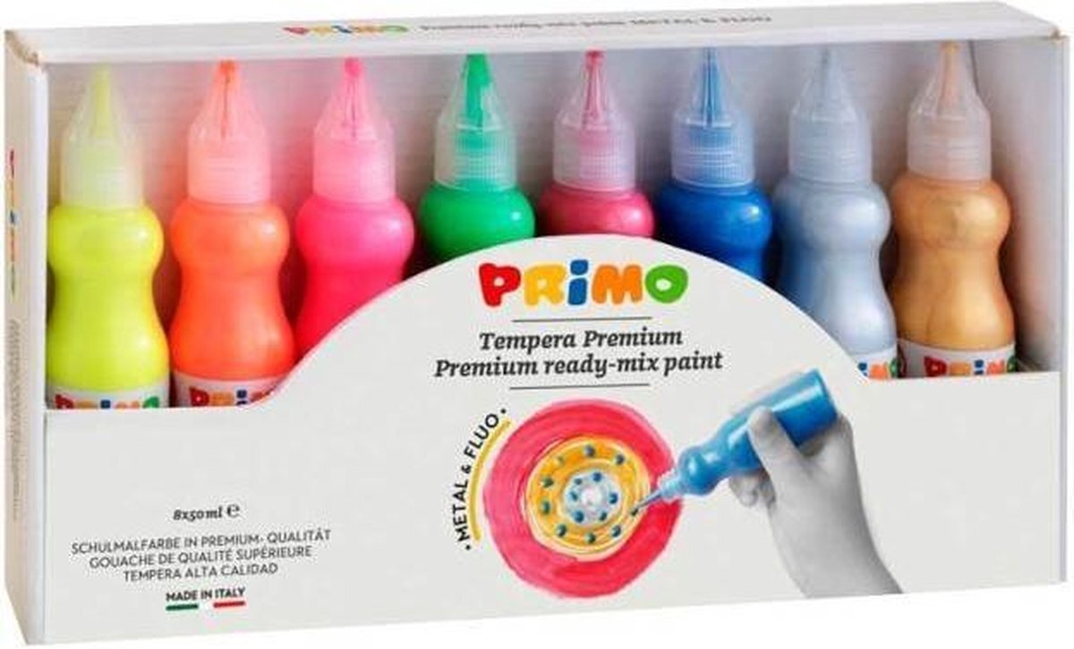 PRIMO Plakkaatverfset Tempera Junior Metallic/fluor 8 X 50 Ml