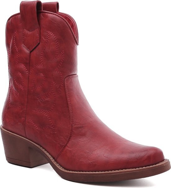 SmileFavorites® Dames Cowboylaarzen met Hak Kort - Rood - Imitatieleer - Maat 38