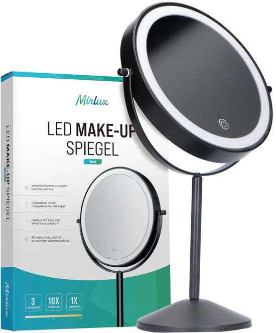 Mirlux Make Up Spiegel met LED Verlichting – 10x Vergroting – Hoogte Verstelbaar – 3 Lichtstanden – Oplaadbaar – Vergrootspiegel – Chroom