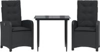 vidaXL 3-delige Tuinset met Kussens, Zwart, Polyrattan