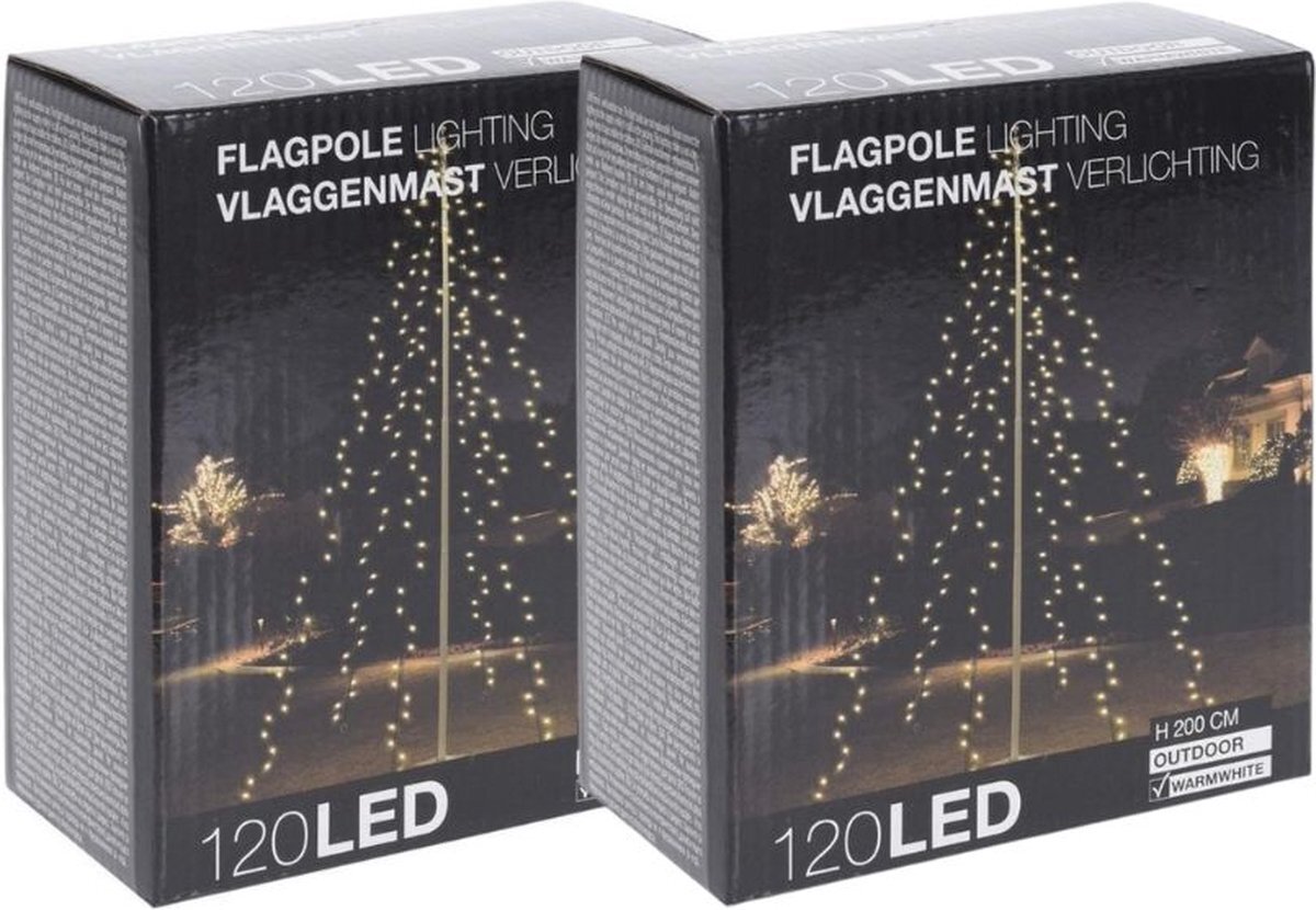 WAYS. Kerstverlichting - Vlaggenmast - 2 stuks - 120 LED's - Hoogte: 200 cm - Warm wit