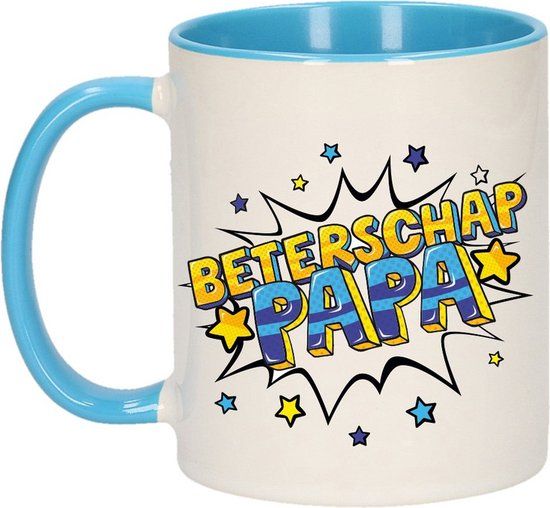 Bellatio Decorations Beterschap papa cadeau koffiemok / theebeker blauw met sterren - 300 ml - keramiek - magnetronbestendig & vaatwasserveilig