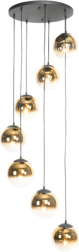 QAZQA Art deco hanglamp zwart met goud glas 7-lichts - pallon