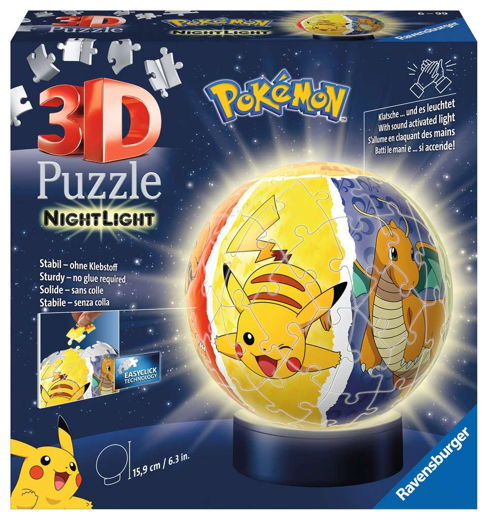 RAVENSBURGER PUZZLE Ravensburger 3D Puzzle 11547 - Nachtlicht Puzzle-Ball Pokémon - 72 Teile - für Pokémon Fans ab 6 Jahren, LED Nachttischlampe mit Klatsch-Mechanismus: Erlebe Puzzeln in der 3. Dimension