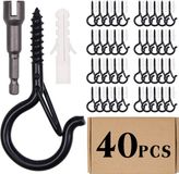 Merkloos 40pcs Screw Hooks for Hanging, Heavy Duty Screw Hook with Safety Buckle, Black Metal Cup Ceiling Hooks for Hanging Plants Outdoor String Lights Fairy Lighting Decor