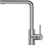 Unyqoos® Robinet d'évier en inox, modèle 304, extractible avec régulateur de jet, mitigeur à levier unique pour haute pression, pivotant à 360°, forme en L, incluant 2x 600 mm tuyaux d'alimentation
