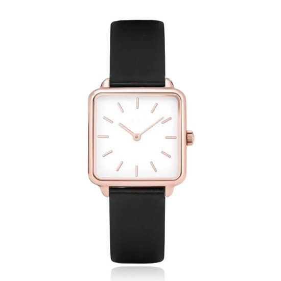 LGT JWLS Dameshorloge 'Square' - Zwart Lederen Band, Wit Uurwerk, Rose Gouden Kast