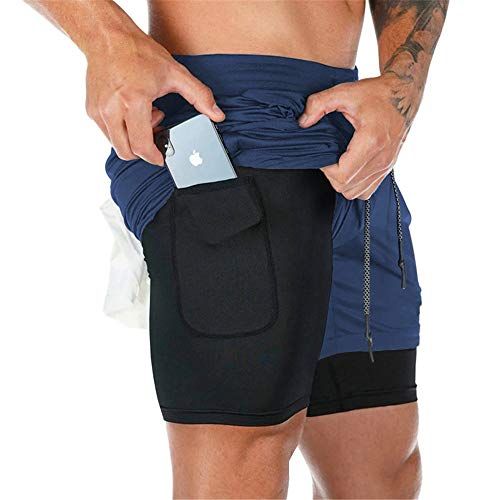 Superora 2-in-1 sportshort, ademende hardloopshort voor heren, met zakken voor outdoortraining, marineblauw